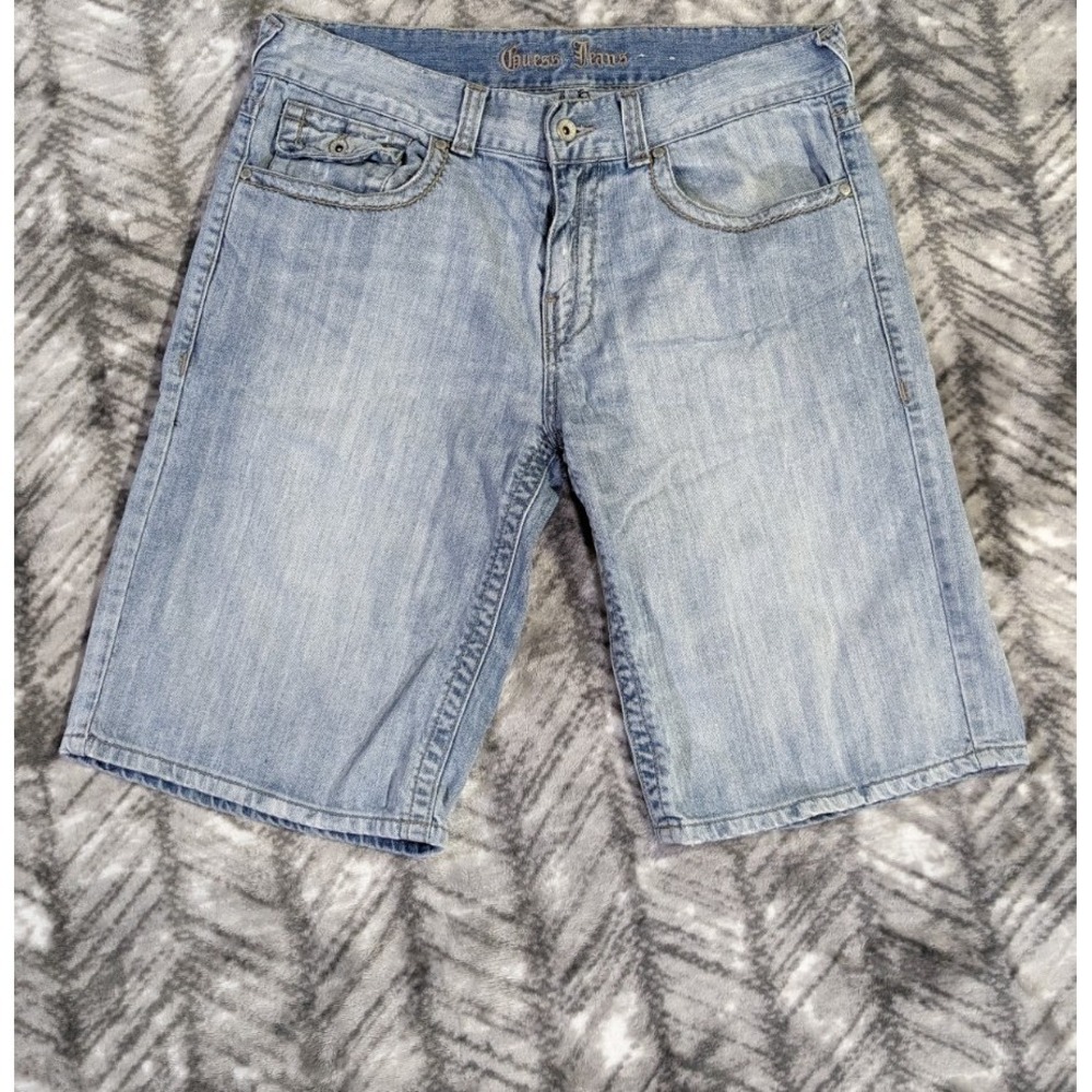 Guess Jeans Shorts Mens 34 Blue Denim Flap Pockets Light Stone Wash Bermuda